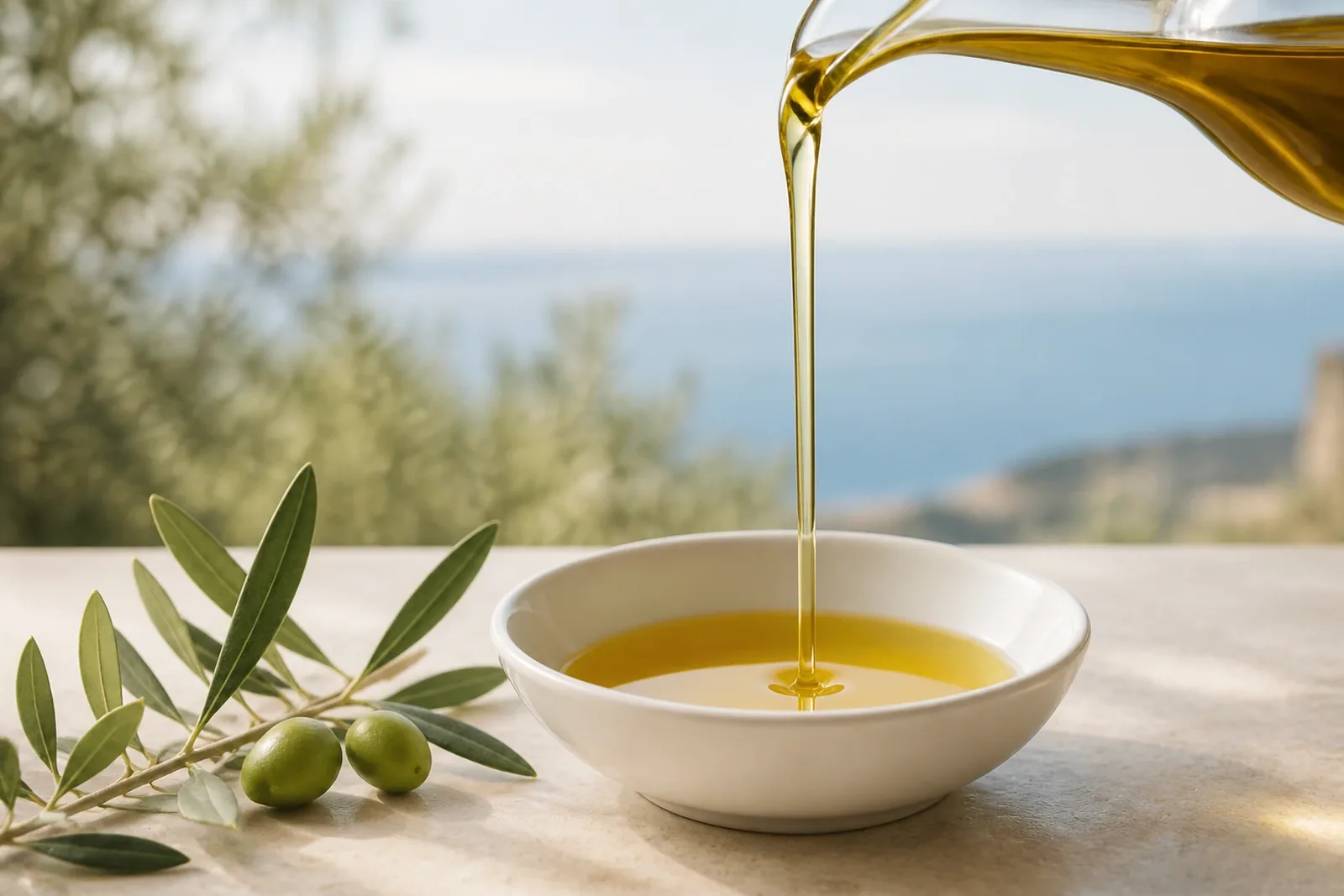 Thread of Empordà extra virgin olive oil pouring into a white bowl