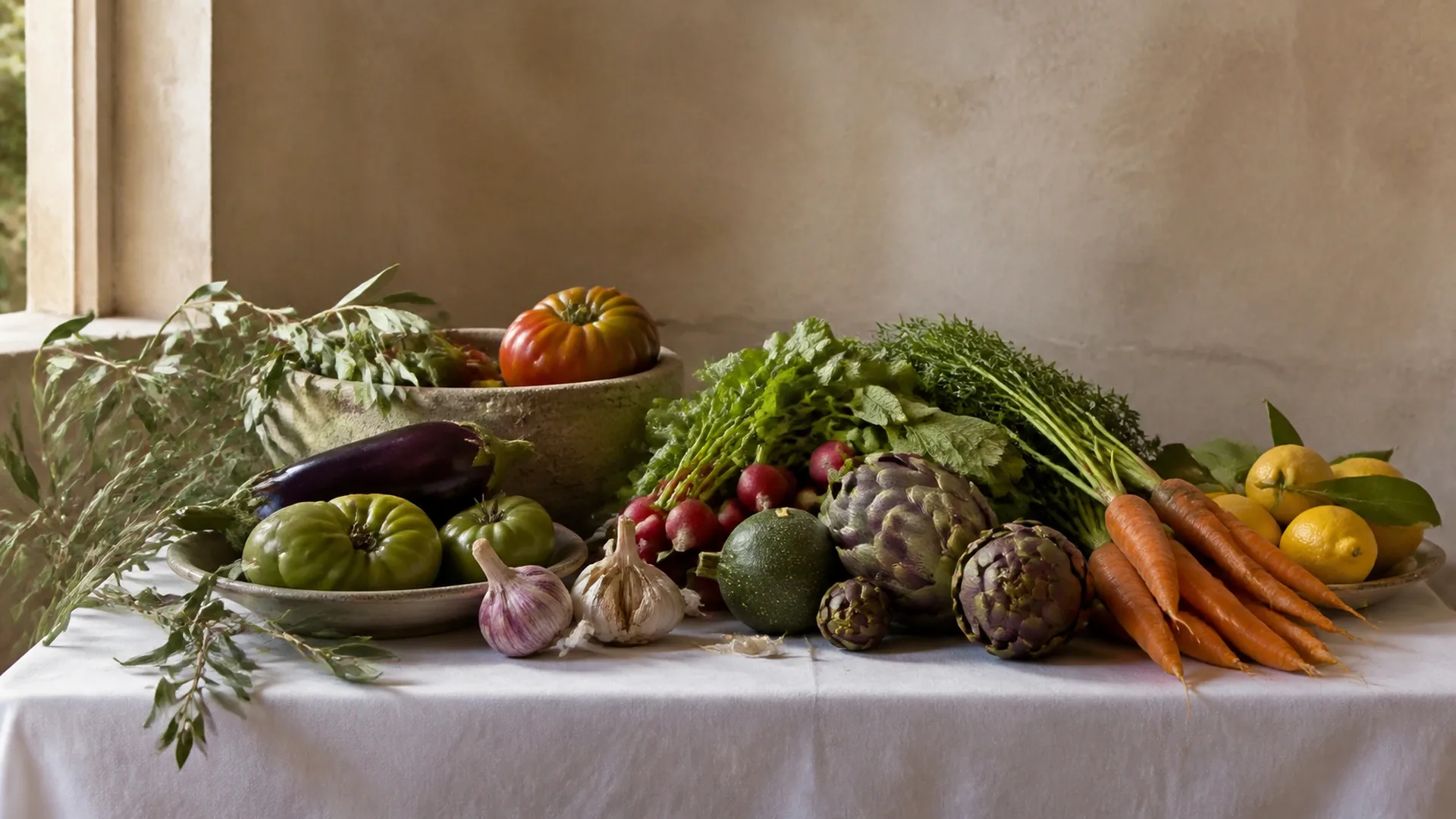 Linen-covered table laid with seasonal produce in natural light