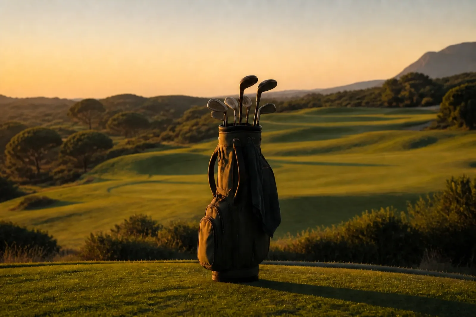 Golf bag resting at the edge of the course in the golden evening light