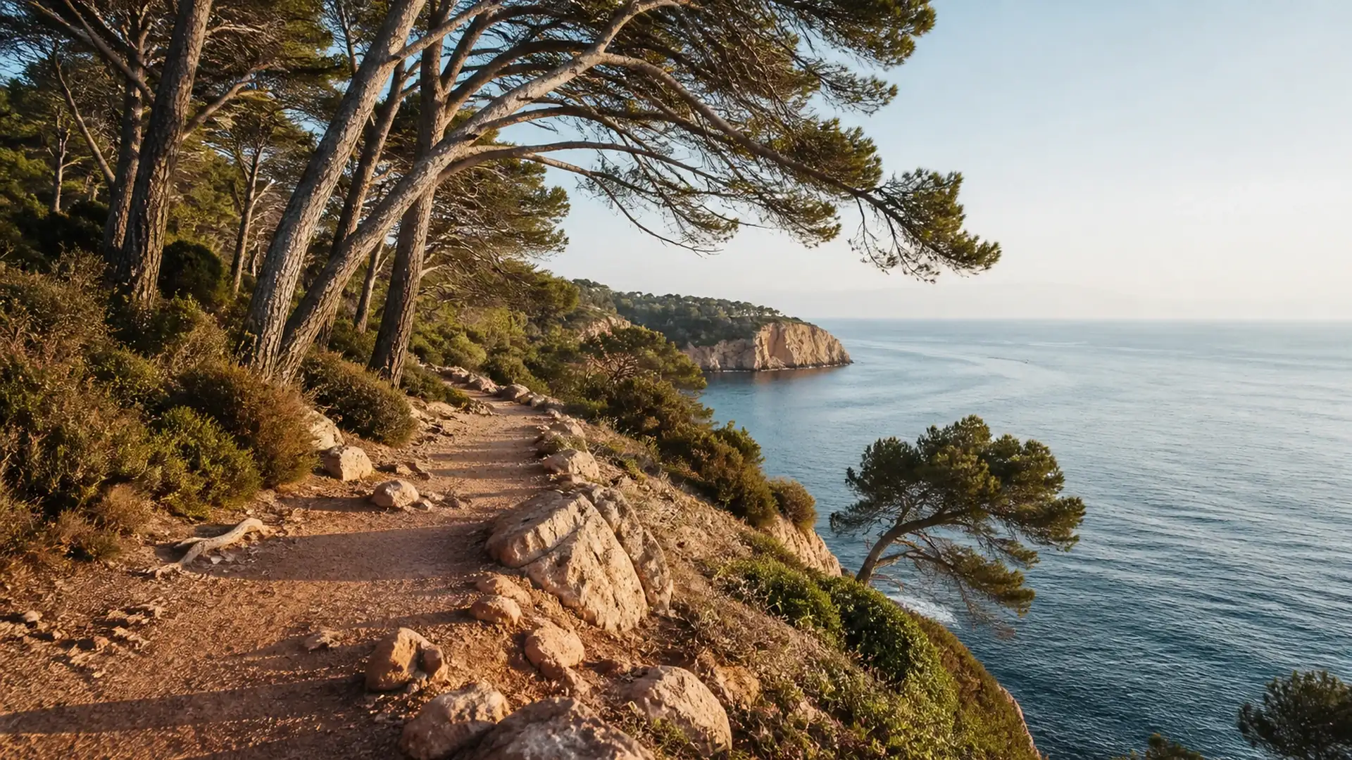 Stretch of the Camí de Ronda between leaning pines above pink granite rock