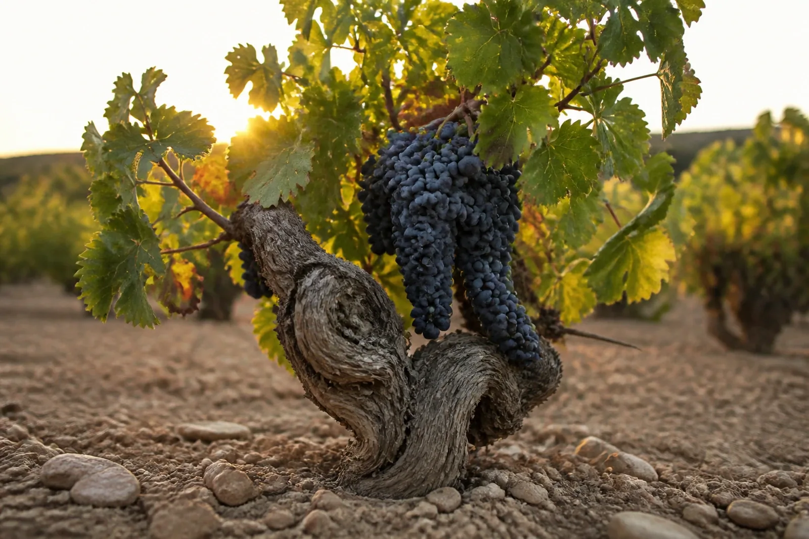 Old grenache vine with a ripe bunch of grapes on stony ground