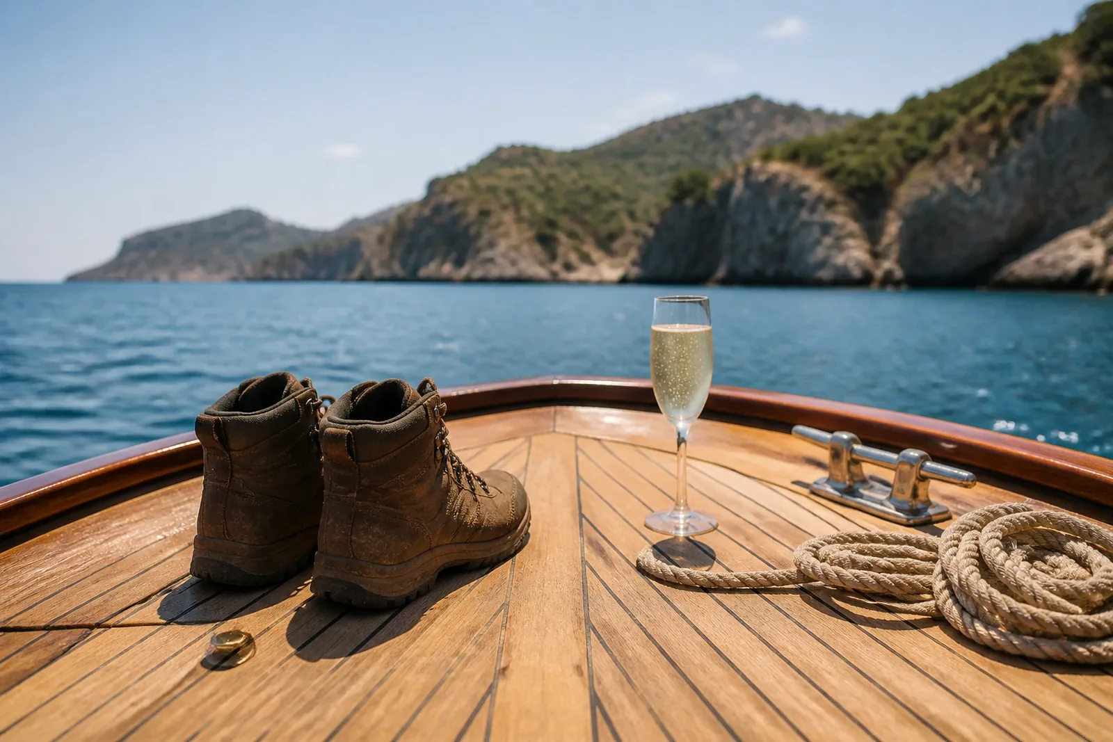 Boat deck with hiking boots kicked off and a glass of cava