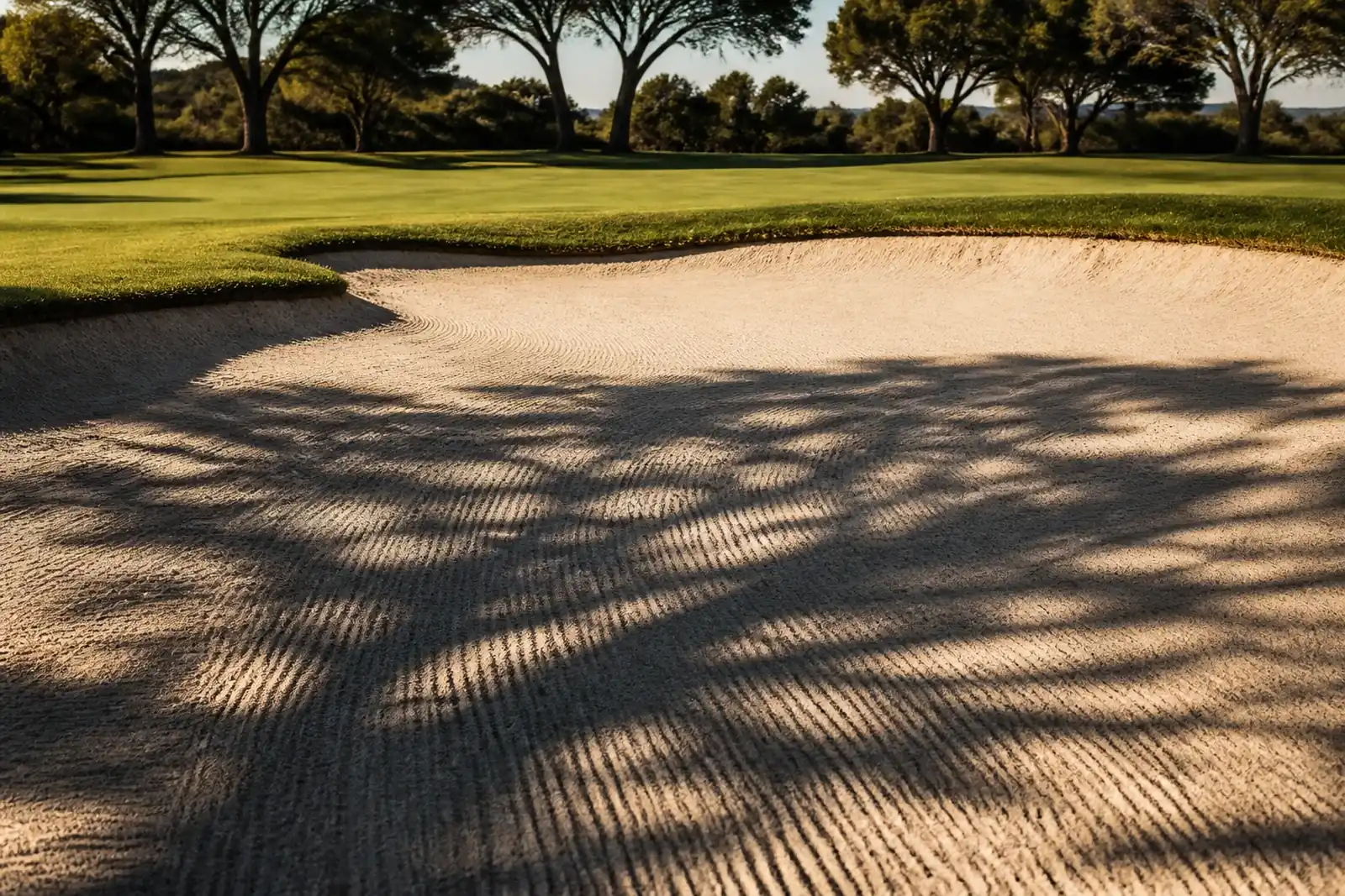 Close-up of a freshly raked bunker crossed by the shadow of a pine