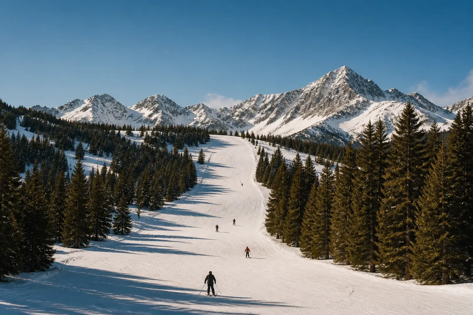 Wide ski runs through black pine forest in the Girona Pyrenees
