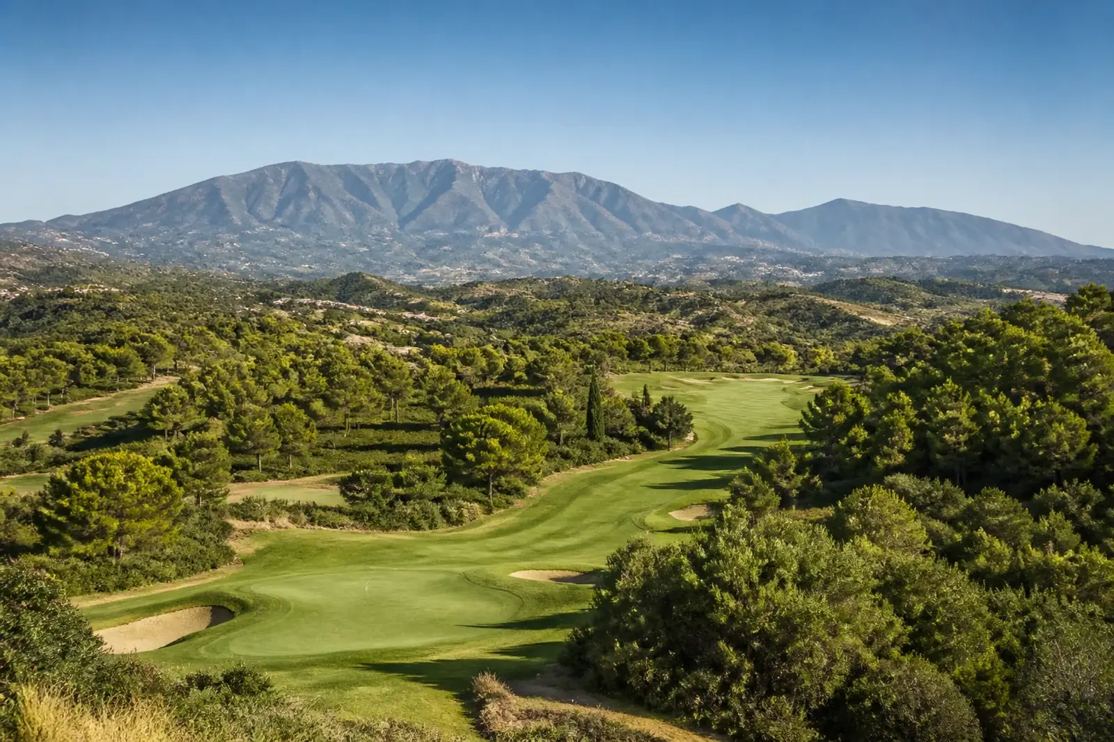 Elevated view of a golf course winding through Mediterranean woodland