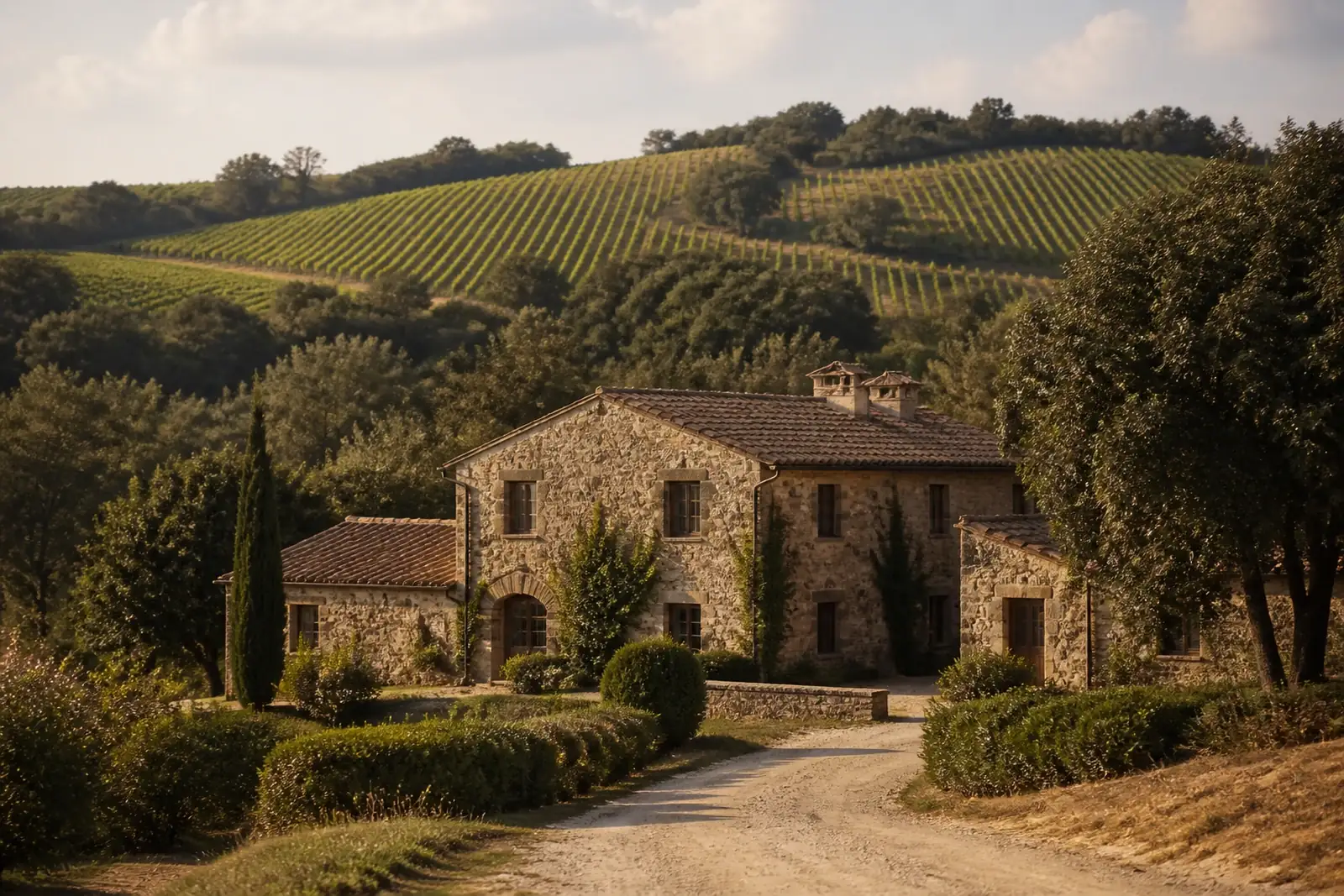 Seventeenth-century stone farmhouse among holm oaks and vine-covered hills