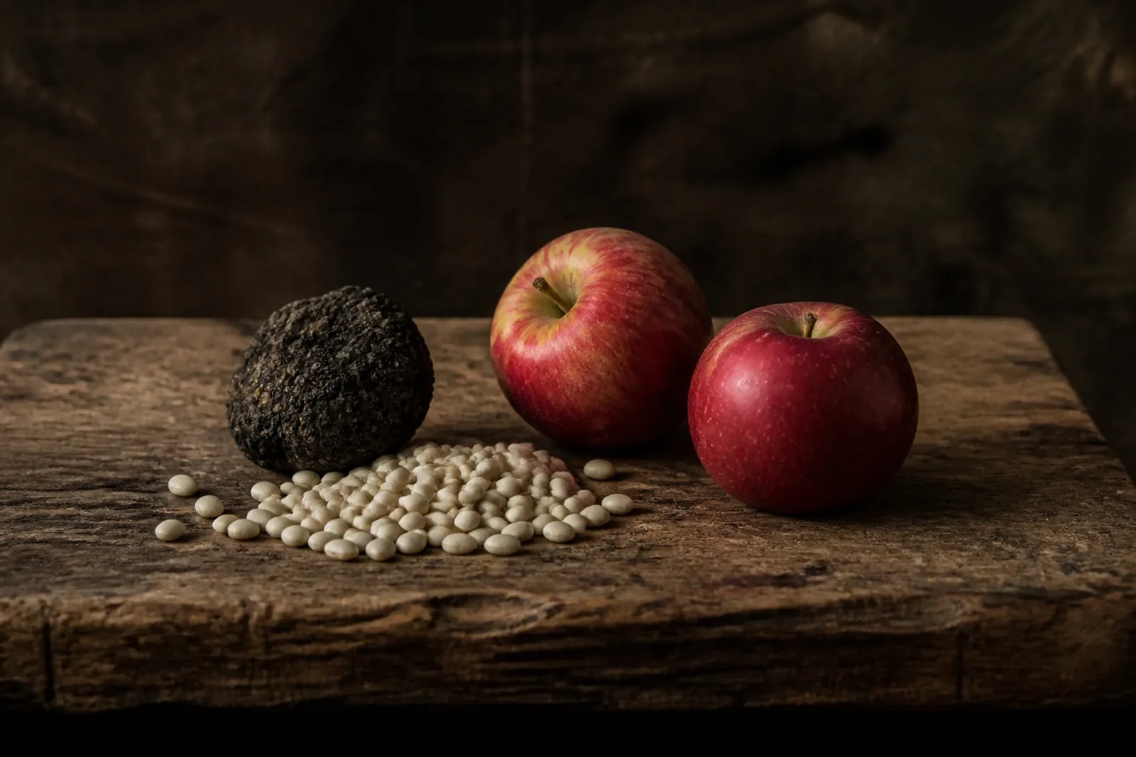 Black truffle, Santa Pau beans and Girona apples on a wooden board