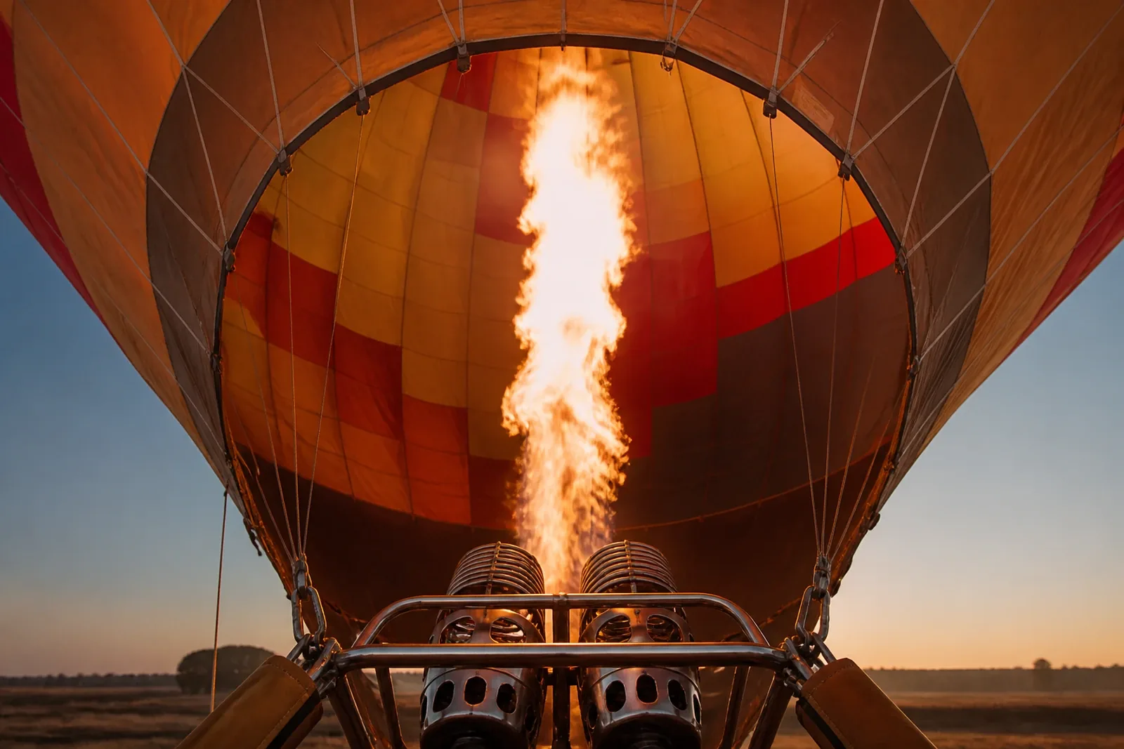 Burner blasting hot air into the balloon envelope before take-off