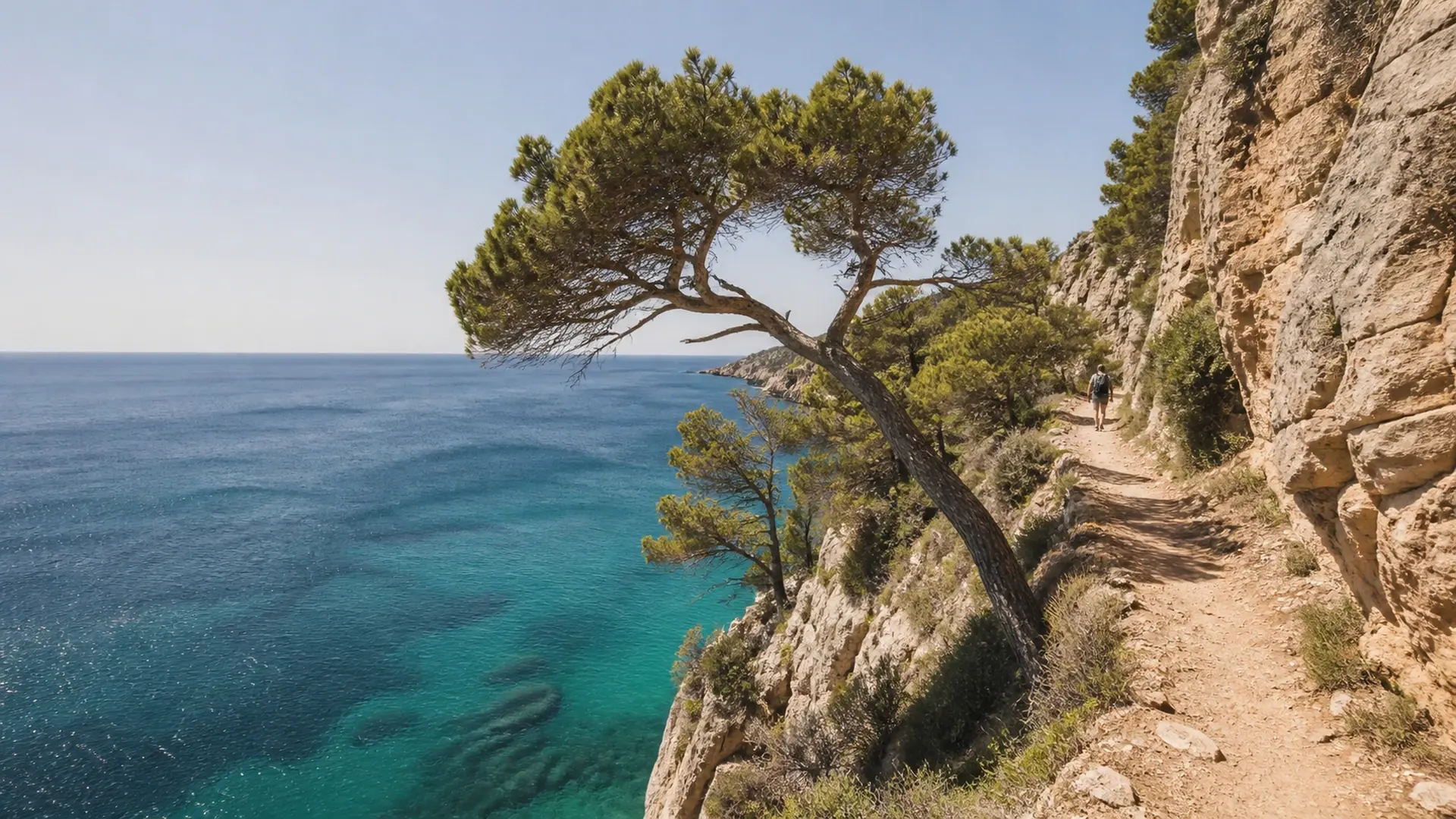 Path cut into the cliff above turquoise water, lined with wind-bent pines