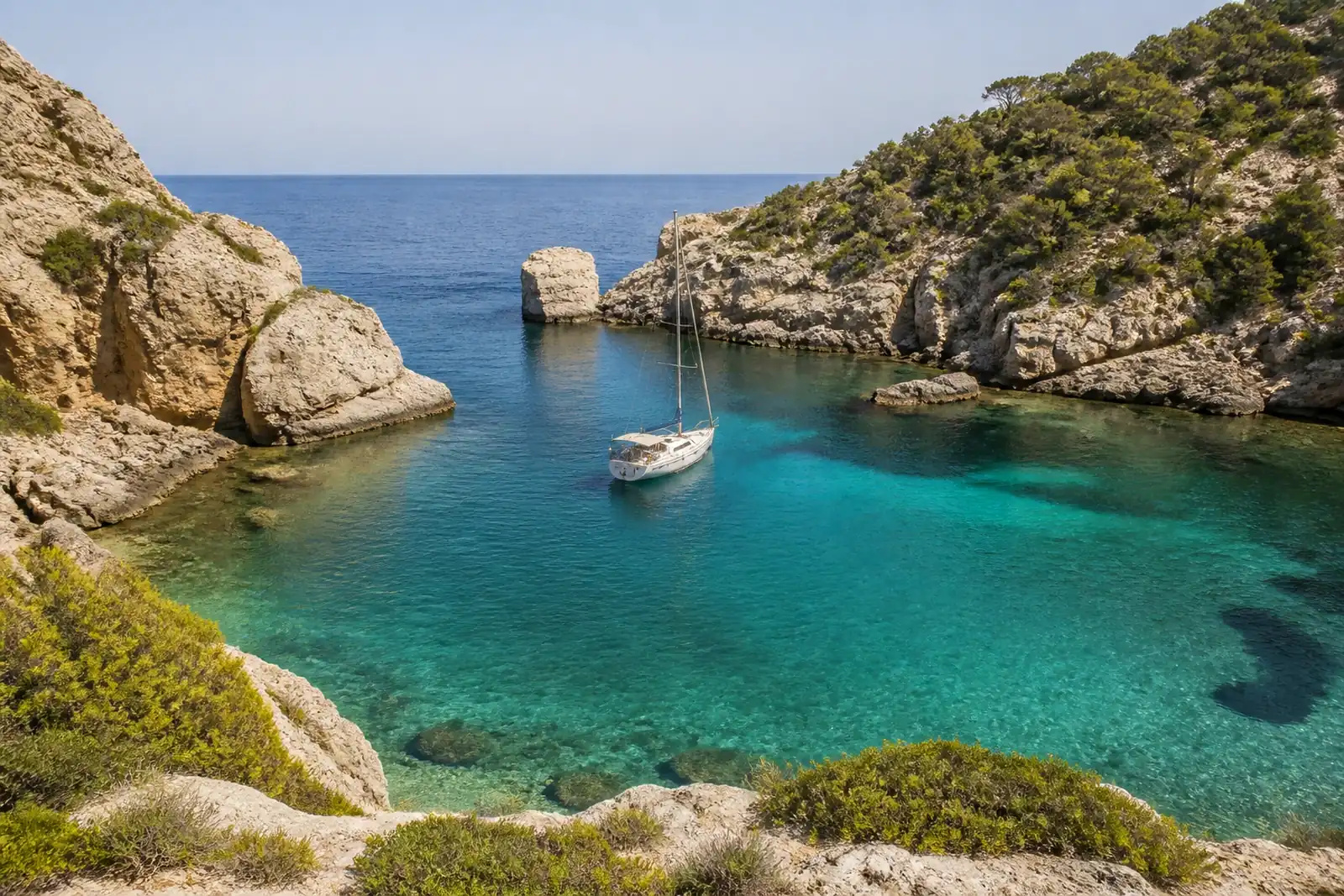 Sailing boat anchored in a secluded, crystal-clear cove at Cap de Creus